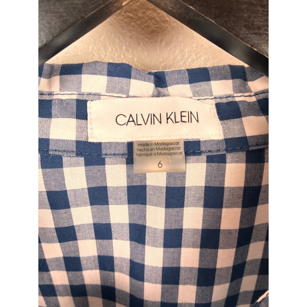 Calvin Klein Shirt Dress Midi Navy Gingham Tiered Short Sleeve Size 6 Picnic - Picture 3 of 12